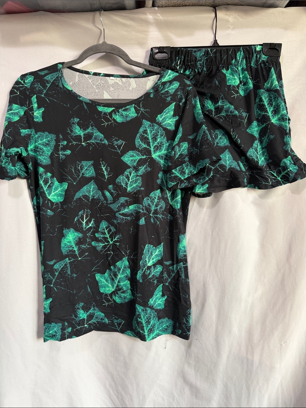 Black Tee &  Short Set with Teal Leaf Print